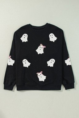 Plus Size Black  Sequin Ghost Patched Halloween Graphic Sweatshirt