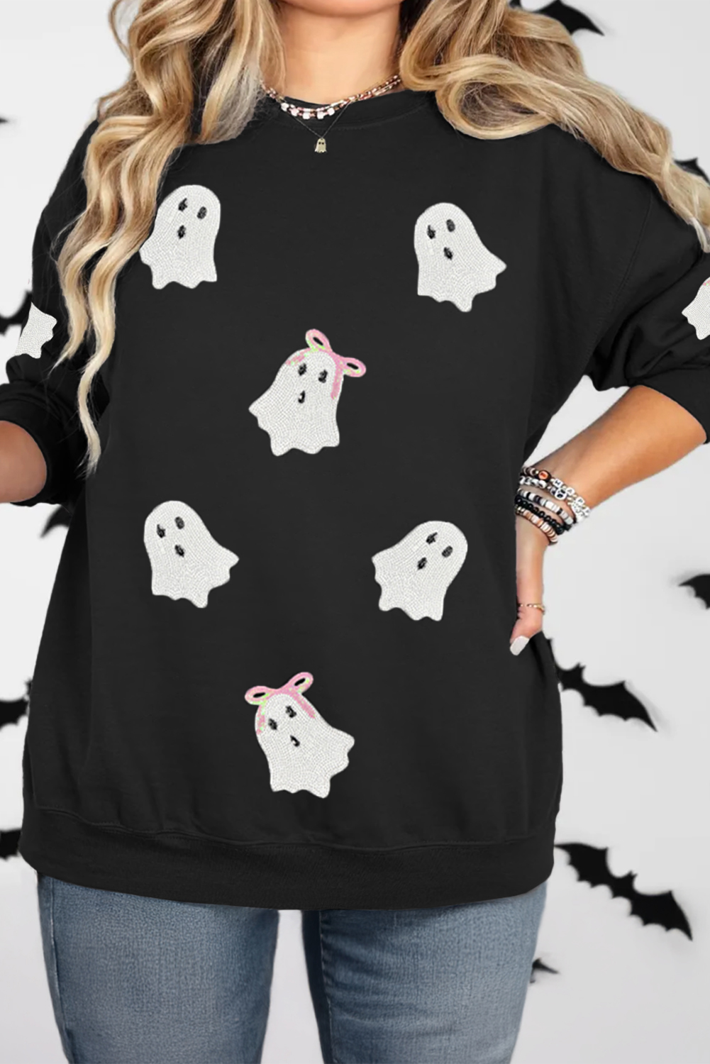 Plus Size Black  Sequin Ghost Patched Halloween Graphic Sweatshirt