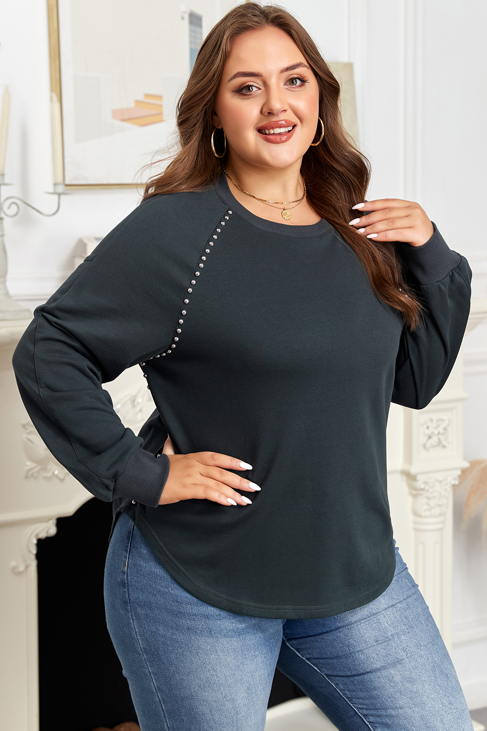 Plus Size Black Studded Decor Ribbed Edge Mineral Wash  Jumper