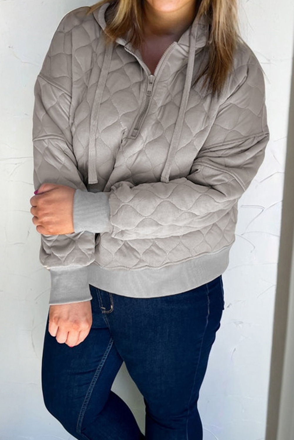 Plus Size Gray Quilted Quarter Zip  Hoodie