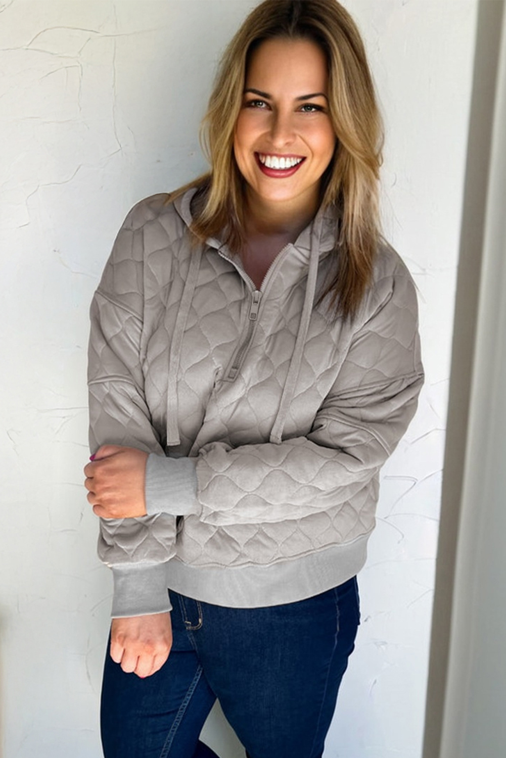 Plus Size Gray Quilted Quarter Zip  Hoodie