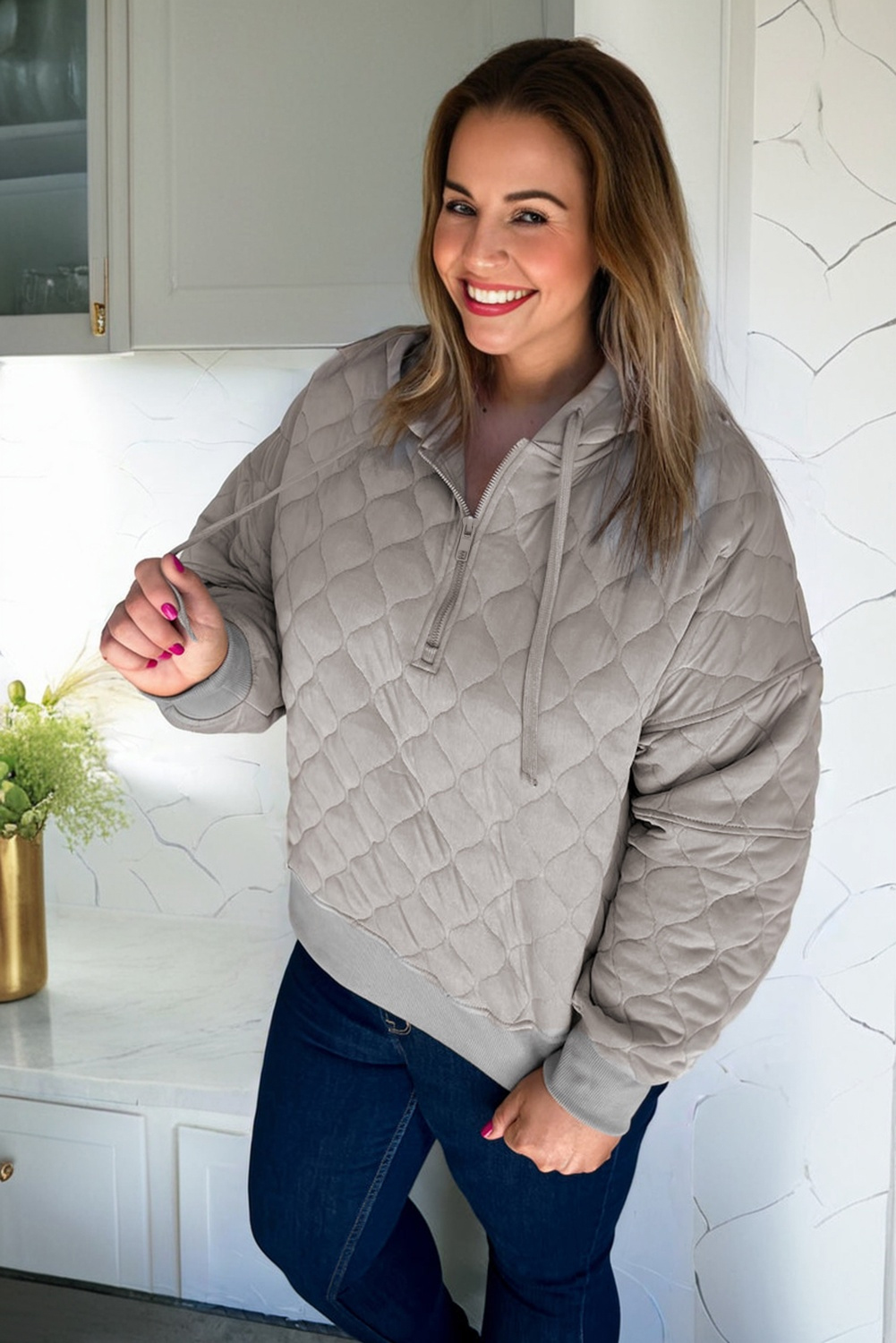 Plus Size Gray Quilted Quarter Zip  Hoodie