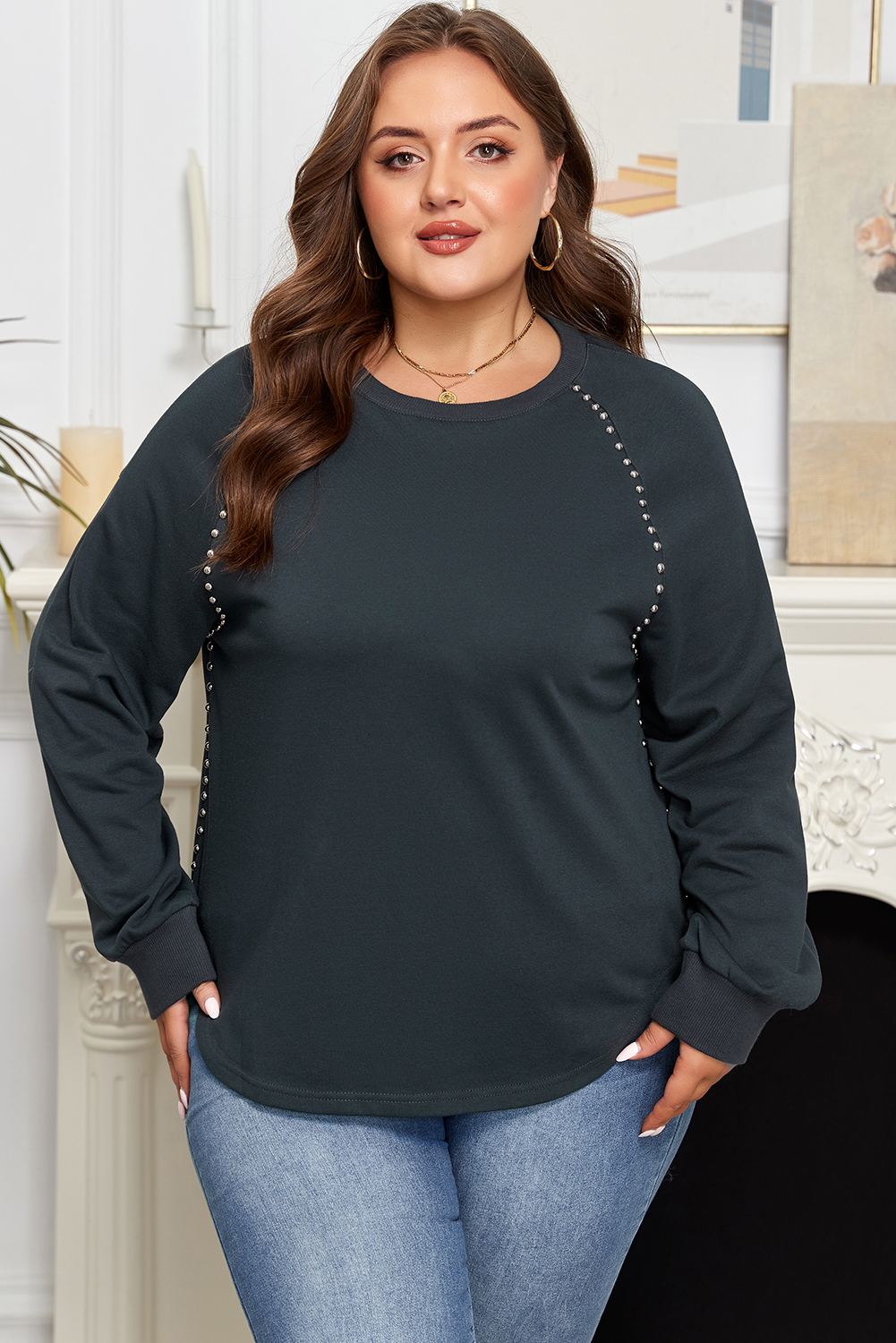 Plus Size Black Studded Decor Ribbed Edge Mineral Wash  Jumper