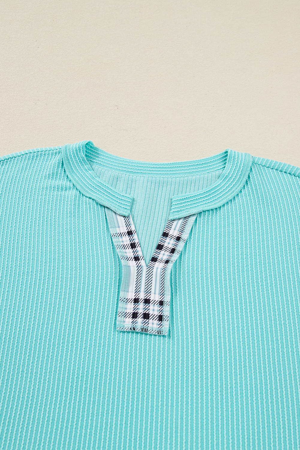 Plus Size Aruba Blue Twist Ribbed Color Block Plaid Patchwork  Long Sleeve Top