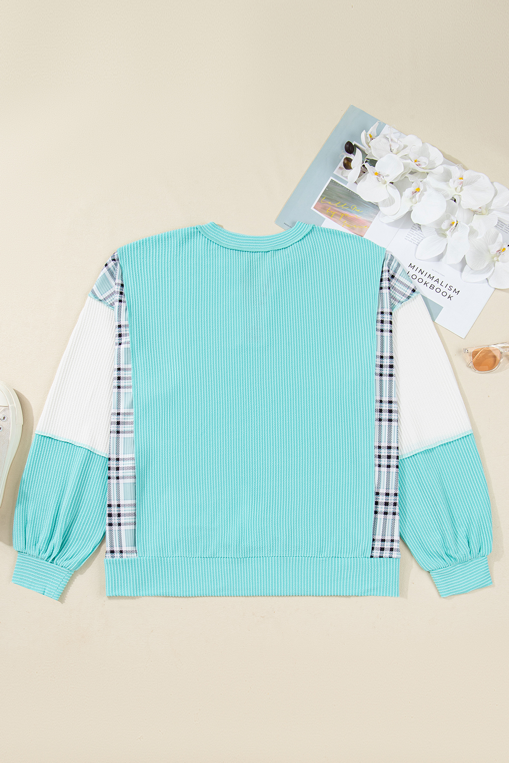 Plus Size Aruba Blue Twist Ribbed Color Block Plaid Patchwork  Long Sleeve Top