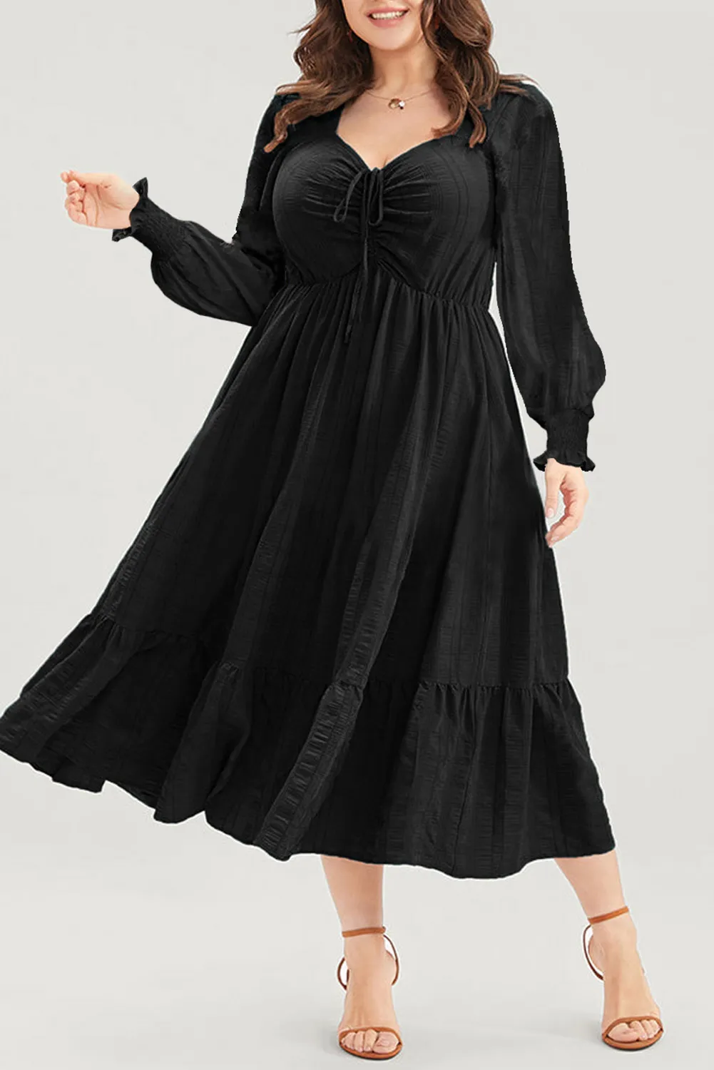 Plus Size Black Lace-up Ruched Front Long Sleeve Ruffle Hem Midi Dress
