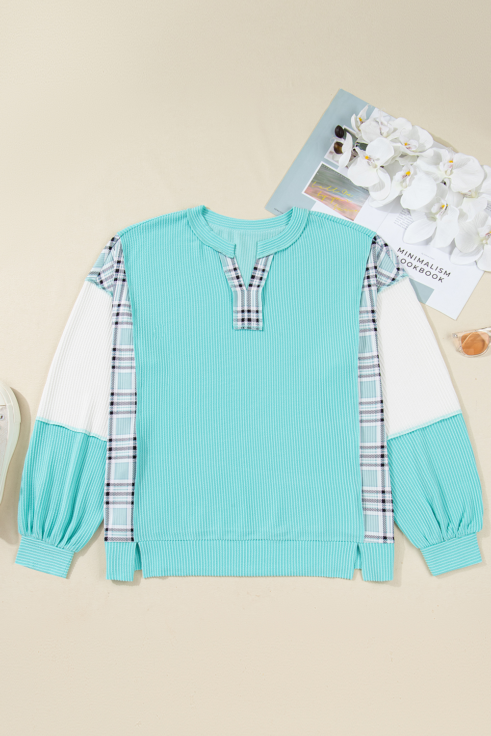 Plus Size Aruba Blue Twist Ribbed Color Block Plaid Patchwork  Long Sleeve Top