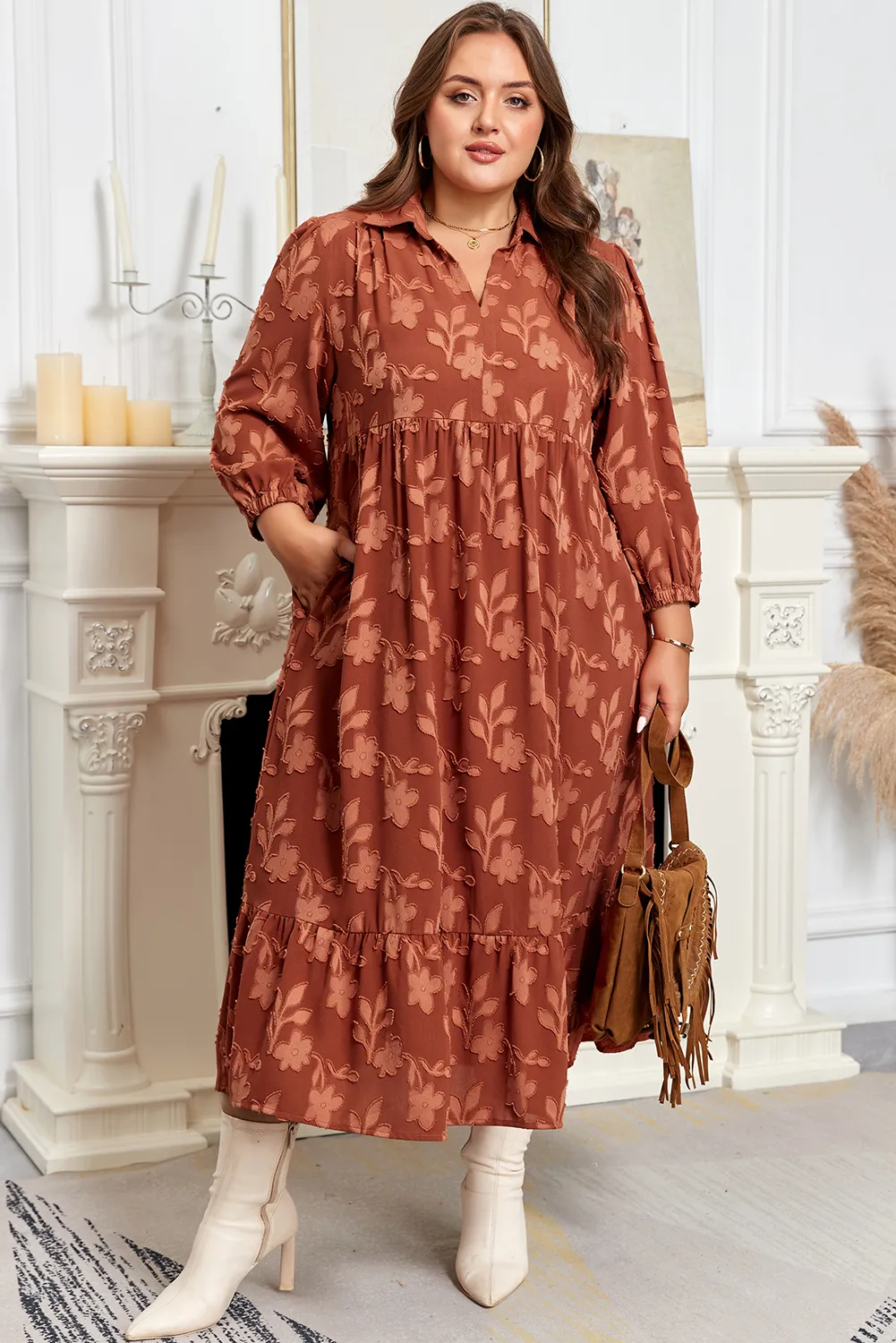 Plus Size Cinnamon Textured 3D Flower Pattern Ruffle Hem 3/4 Sleeve Long Dress
