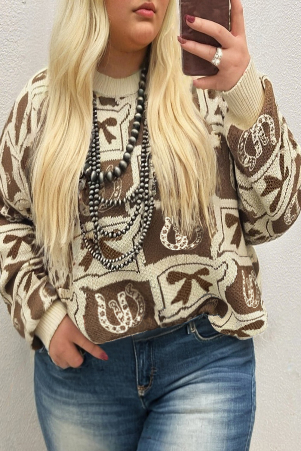 Plus Size Brown Bow Horseshoe Print Checkered  Sweater