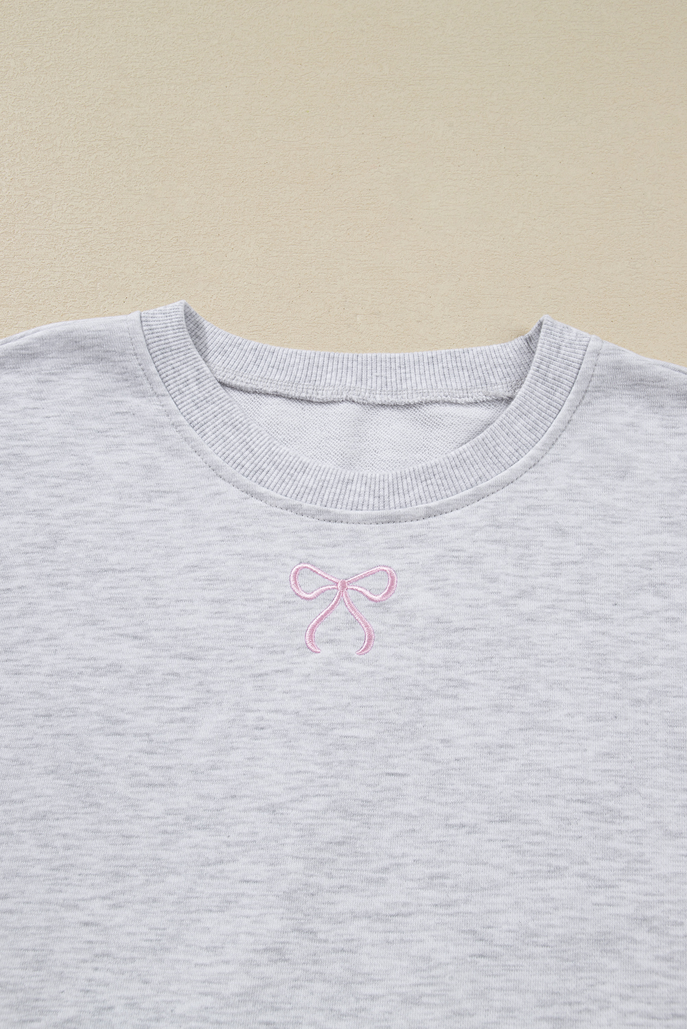 Light Grey Girly Bow Embroidered Puff Sleeve Pullover Loose Shorts Plus 2pcs Outfit