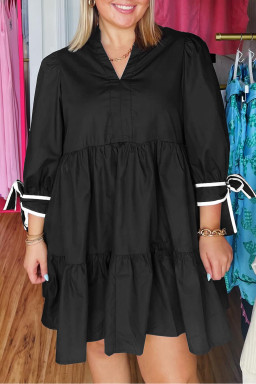 Plus Size Black Contrast Trim Knot Cuffs  V Neck Mini Dress