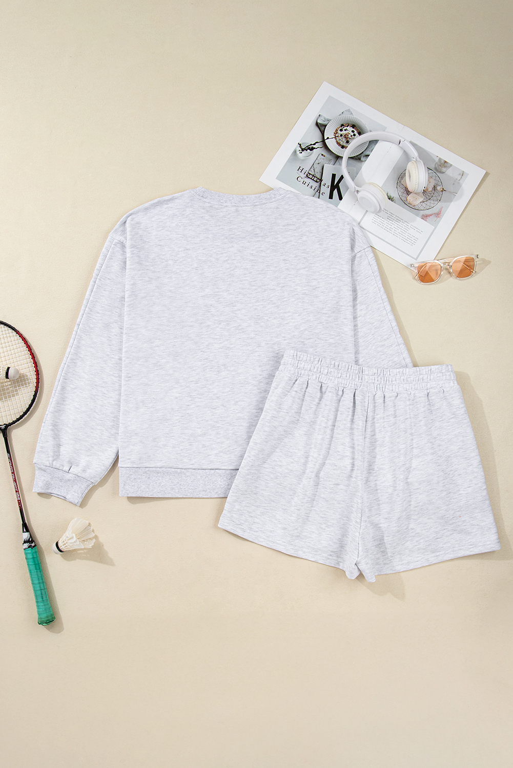 Light Grey Girly Bow Embroidered Puff Sleeve Pullover Loose Shorts Plus 2pcs Outfit