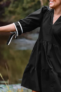 Plus Size Black Contrast Trim Knot Cuffs  V Neck Mini Dress
