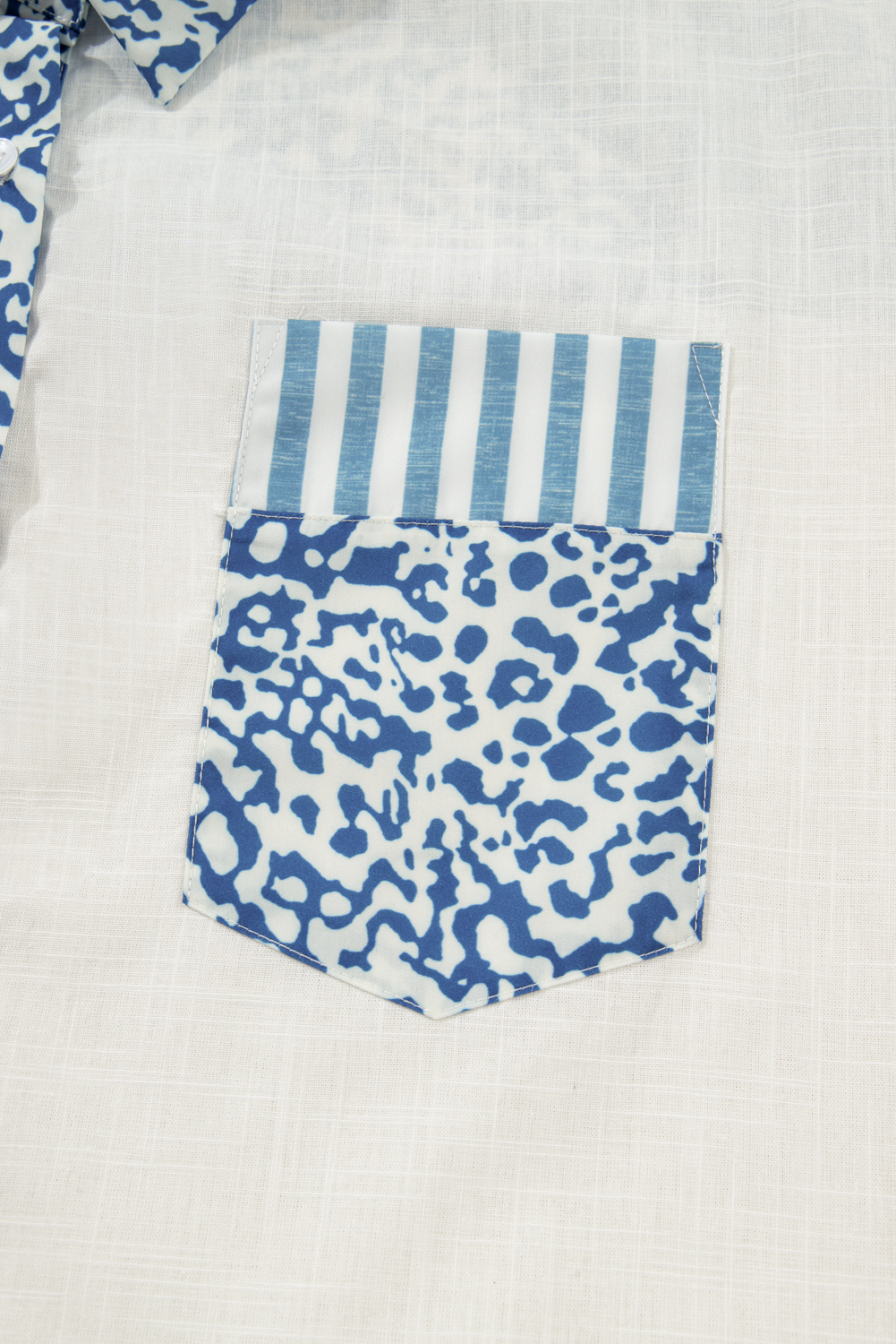 Sky Blue Leopard Striped Patchwork Casual Plus Shirt