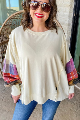 Plus Size Beige  Multicolor Plaid Patchwork Sleeve Pullover Top