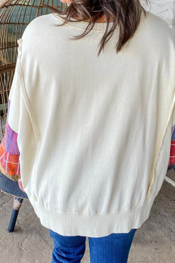 Plus Size Beige  Multicolor Plaid Patchwork Sleeve Pullover Top