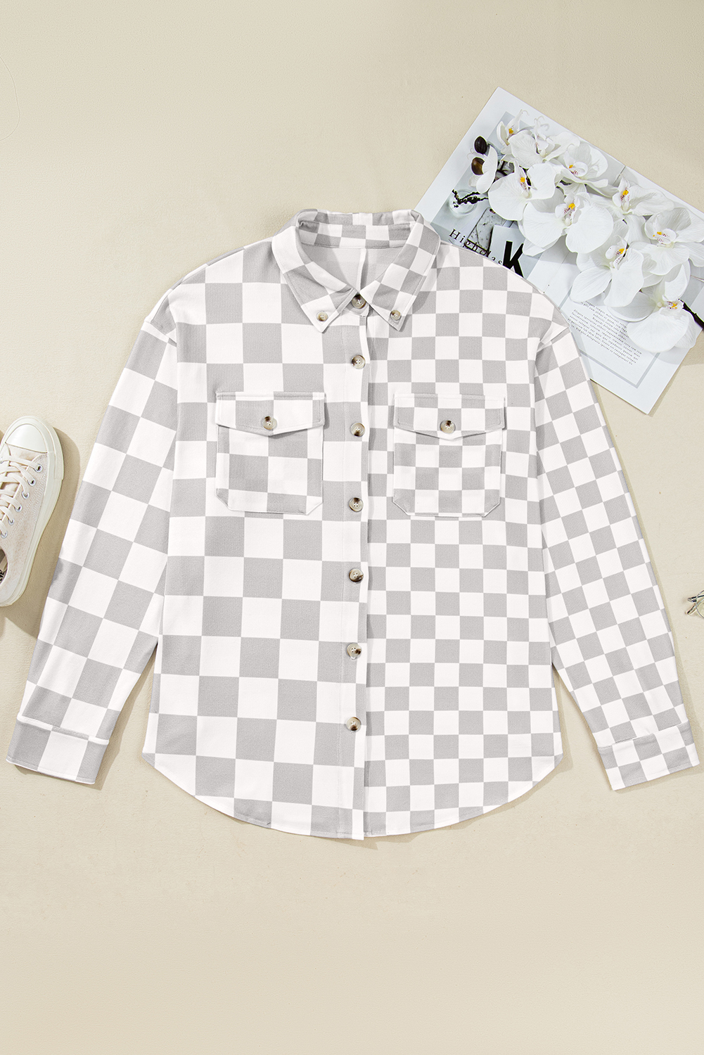 Plus Size Khaki  Checkered Buttoned Down Casual Western Jacket