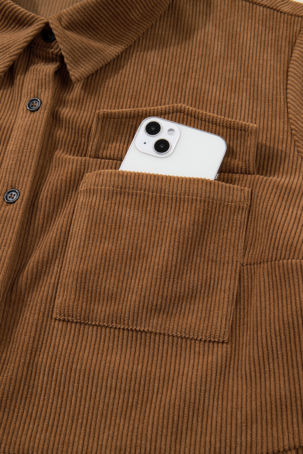 Plus Size Camel Corduroy Full Buttoned Collared Shirt Style  Dress