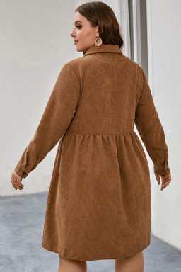 Plus Size Camel Corduroy Full Buttoned Collared Shirt Style  Dress