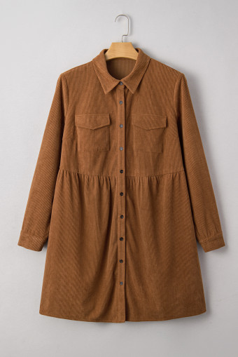 Plus Size Camel Corduroy Full Buttoned Collared Shirt Style  Dress