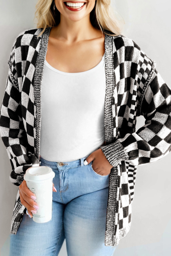 Plus Size Black  Checkered Bubble Sleeve Drop Shoulder Open Cardigan