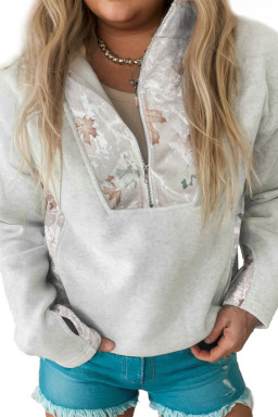 Plus Size Gray Camo Leaves Patchwork Zipped Collar Pullover  Sweatshirt