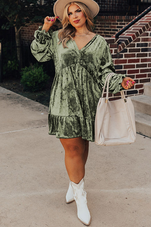 Plus Size Jungle Green Velvet Babydoll Mini Dress with Puff Sleeve  Wholesale $ 24.17 - 66Disco