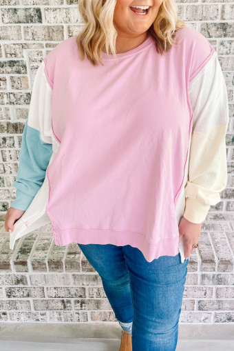 Plus Size Pink Colorblock Patchwork Drop Shoulder  Sweatshirt