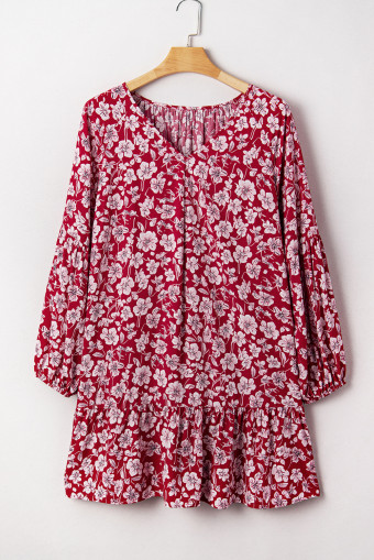 Purple Plus Floral Balloon Sleeve V Neck Relaxed Dress