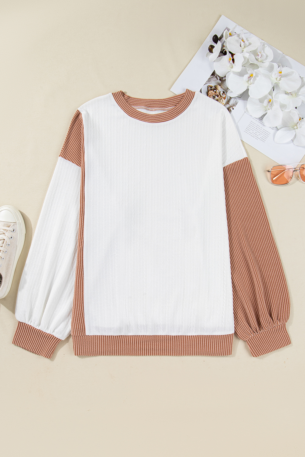 Plus Size White Cable Texture Ribbed Color Block  Knit Top