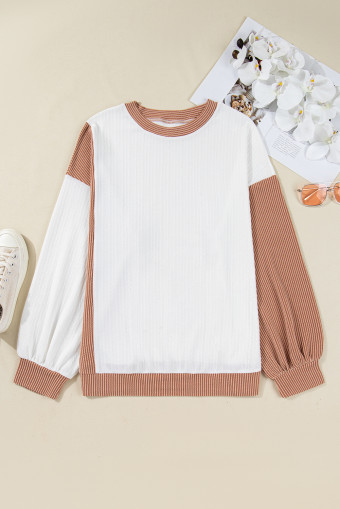 Plus Size White Cable Texture Ribbed Color Block  Knit Top