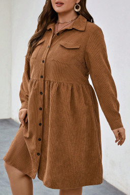 Plus Size Camel Corduroy Full Buttoned Collared Shirt Style  Dress