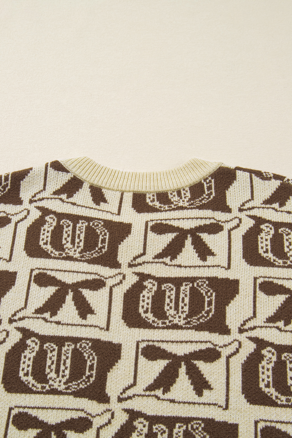 Plus Size Brown Bow Horseshoe Print Checkered  Sweater