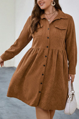 Plus Size Camel Corduroy Full Buttoned Collared Shirt Style  Dress