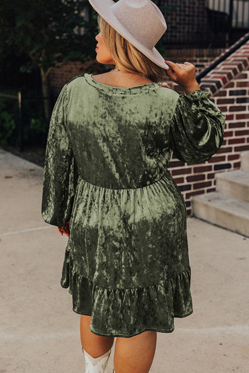 Plus Size Jungle Green Velvet Babydoll Mini Dress with Puff Sleeve  Wholesale $ 24.17 - 66Disco