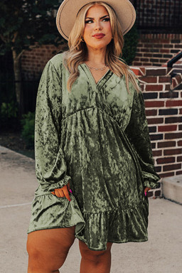 Plus Size Jungle Green  Velvet Babydoll Mini Dress with Puff Sleeve