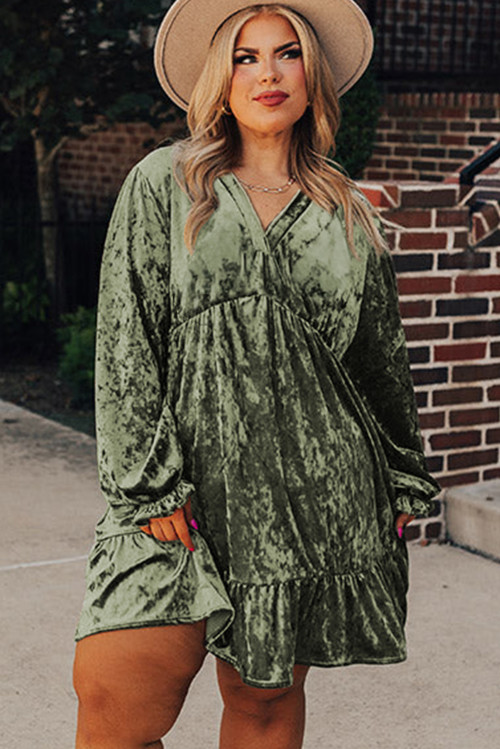 Plus Size Jungle Green Velvet Babydoll Mini Dress with Puff Sleeve  Wholesale $ 24.17 - 66Disco