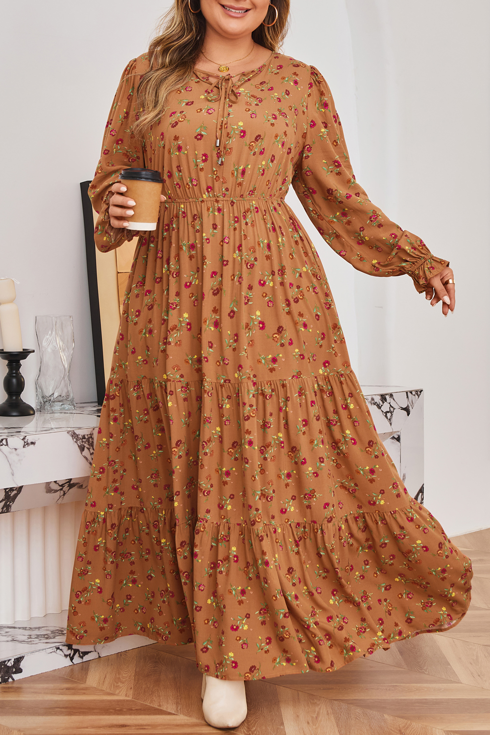 Plus Size Brown  Floral Split V Neck Ruffled Sleeve Tiered Maxi Dress