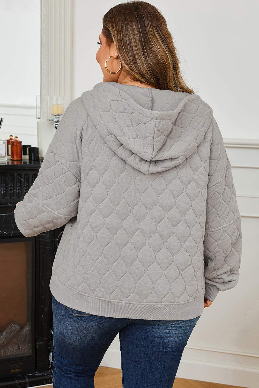 Plus Size Gray Quilted Quarter Zip  Hoodie