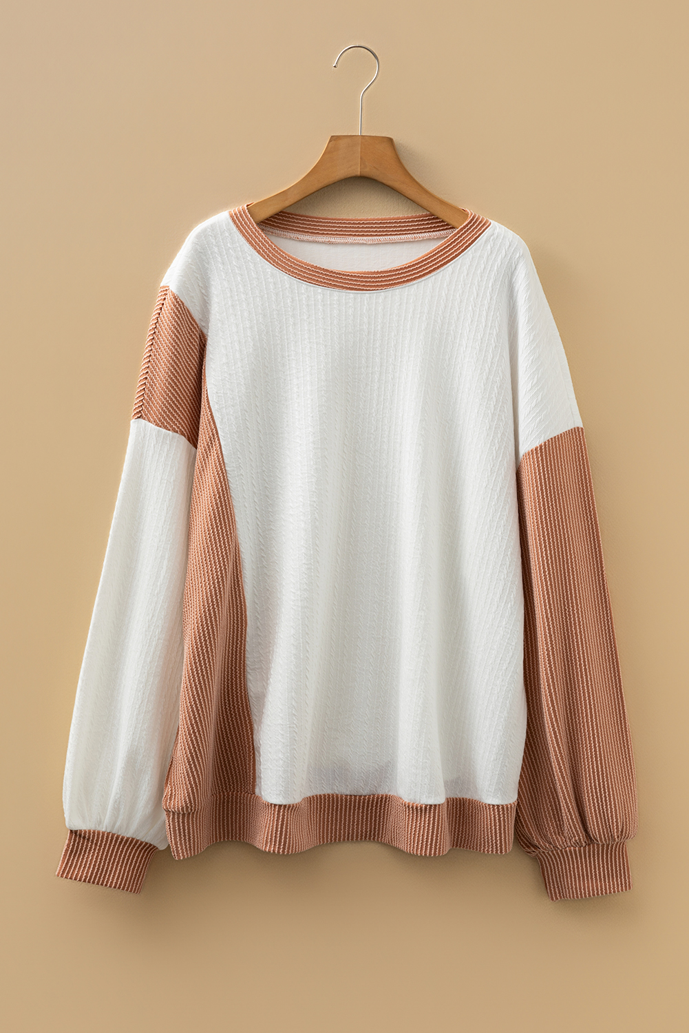 Plus Size White Cable Texture Ribbed Color Block  Knit Top