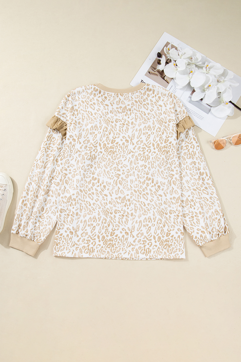 Plus Size Khaki  Ruffled Arm Leopard Sweatshirt