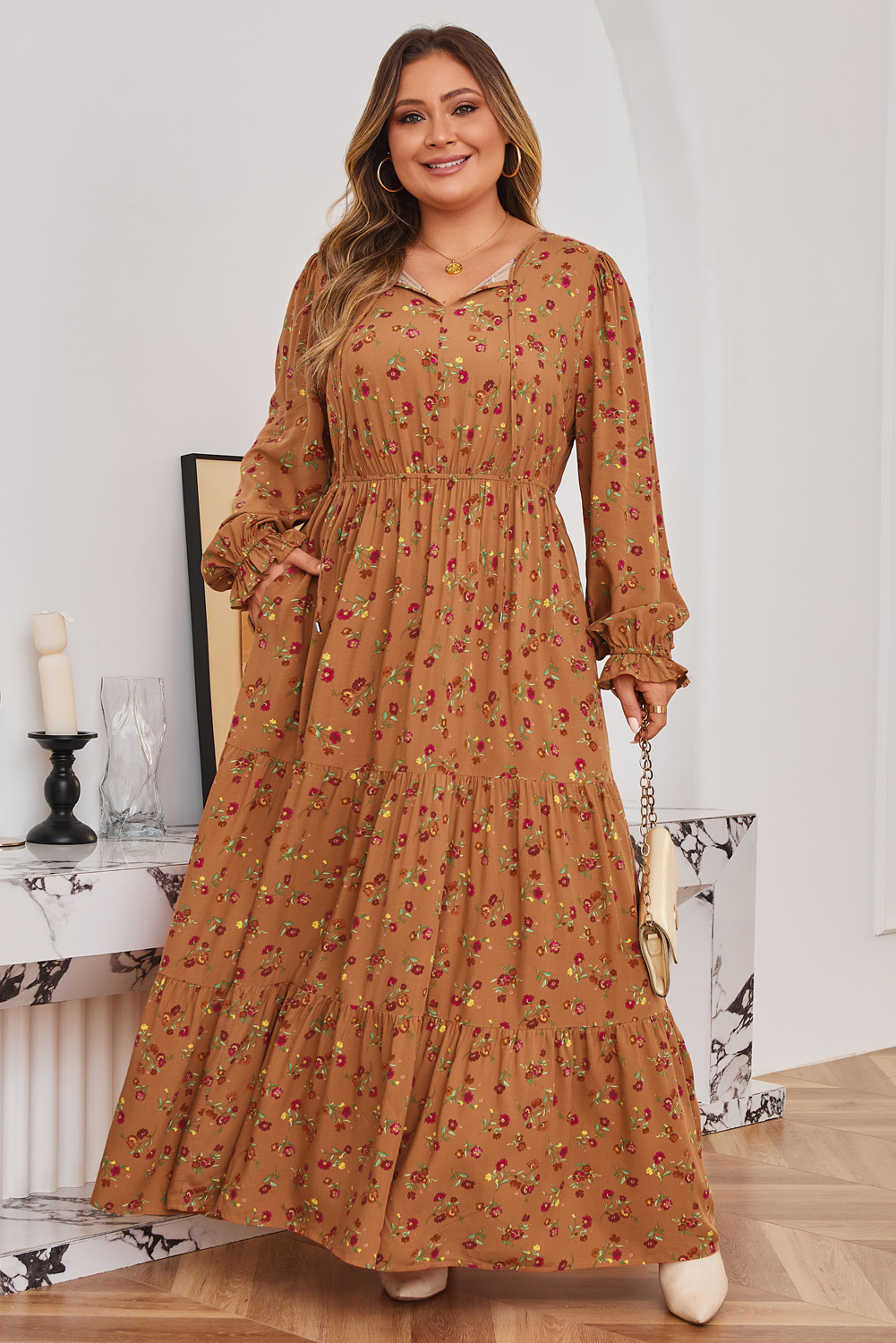 Plus Size Brown  Floral Split V Neck Ruffled Sleeve Tiered Maxi Dress