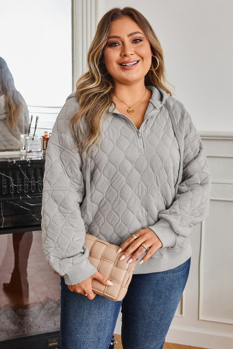 Plus Size Gray Quilted Quarter Zip  Hoodie