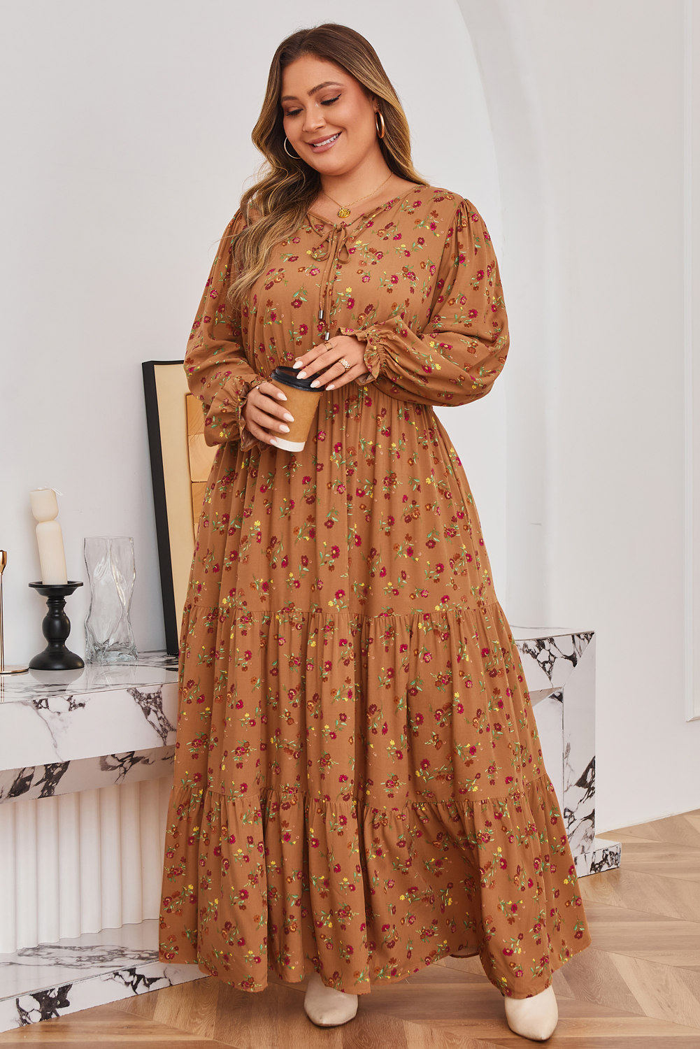 Plus Size Brown  Floral Split V Neck Ruffled Sleeve Tiered Maxi Dress