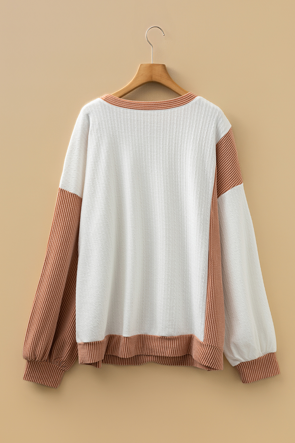 Plus Size White Cable Texture Ribbed Color Block  Knit Top