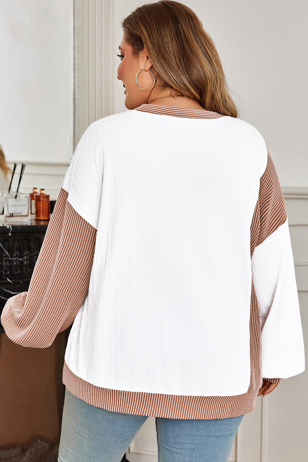 Plus Size White Cable Texture Ribbed Color Block  Knit Top