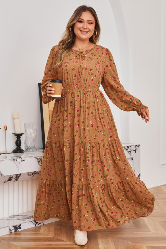 Plus Size Brown  Floral Split V Neck Ruffled Sleeve Tiered Maxi Dress