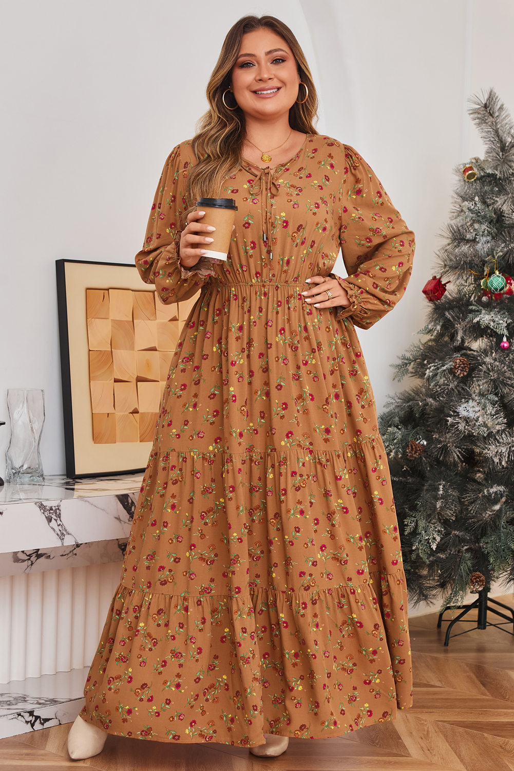 Plus Size Brown  Floral Split V Neck Ruffled Sleeve Tiered Maxi Dress