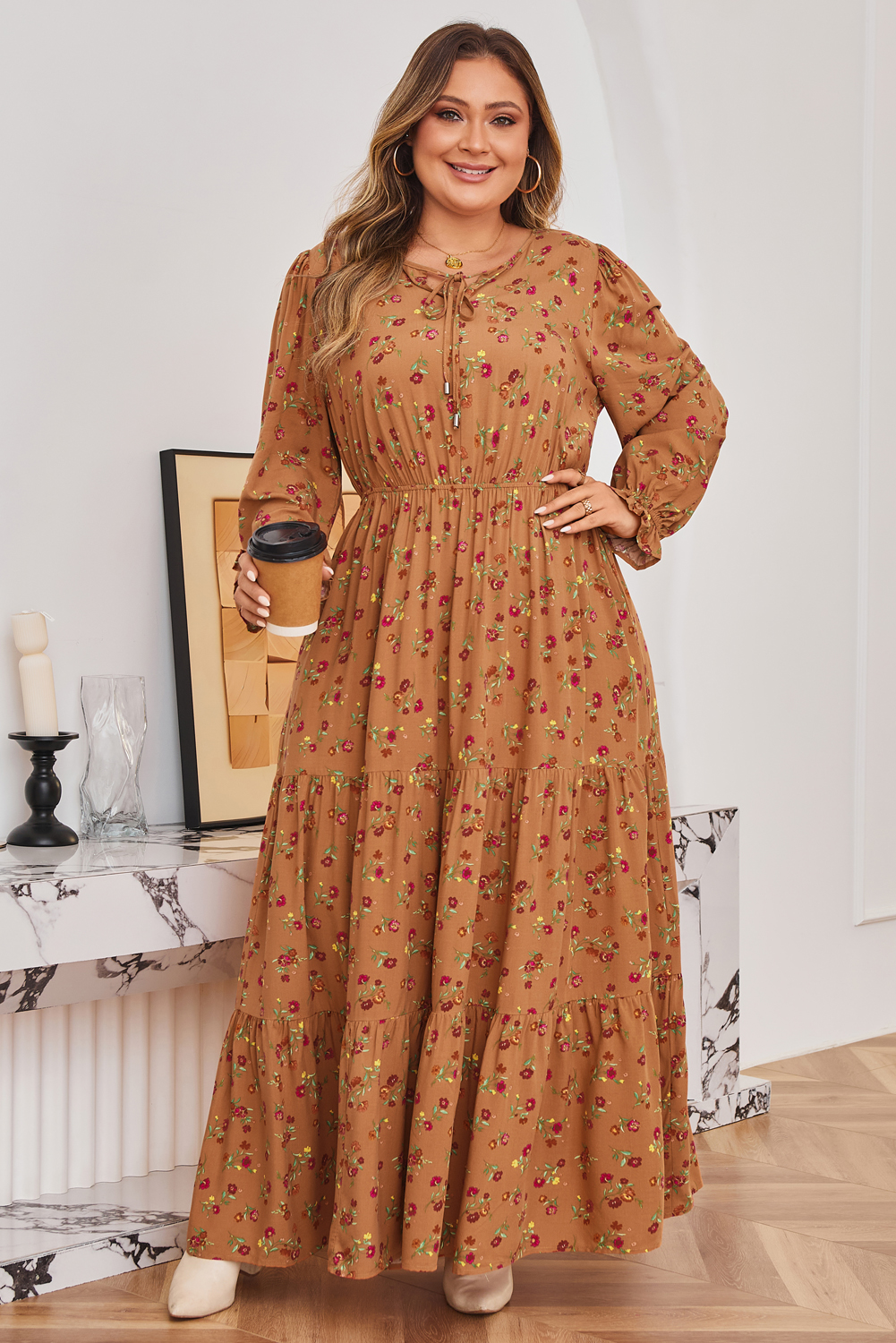 Plus Size Brown  Floral Split V Neck Ruffled Sleeve Tiered Maxi Dress