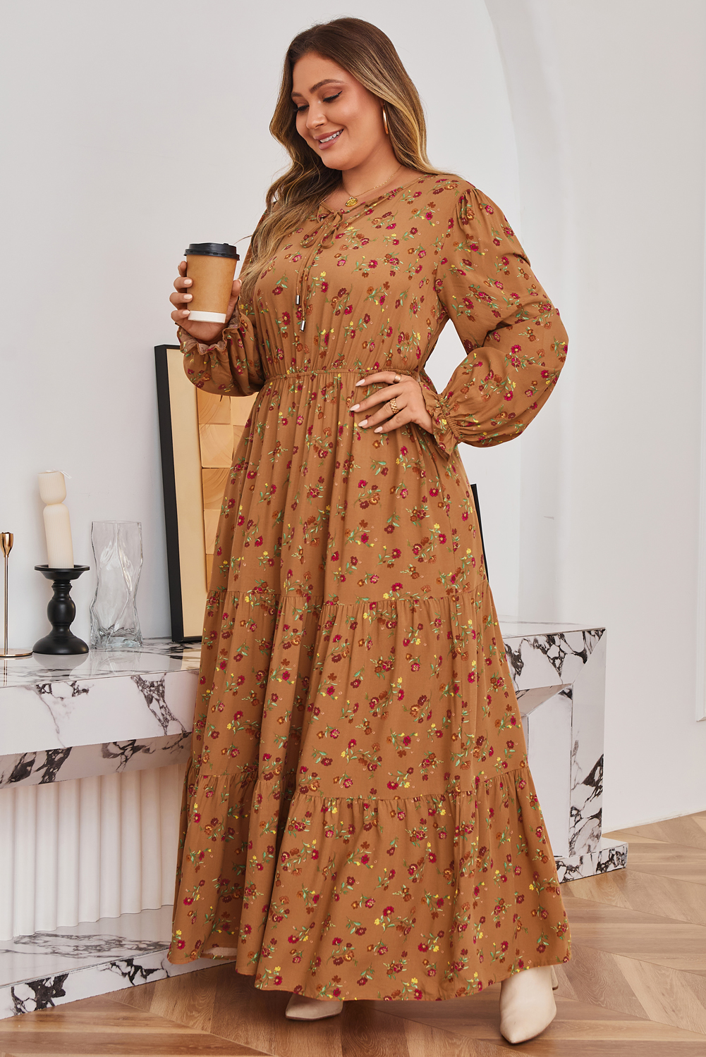 Plus Size Brown  Floral Split V Neck Ruffled Sleeve Tiered Maxi Dress